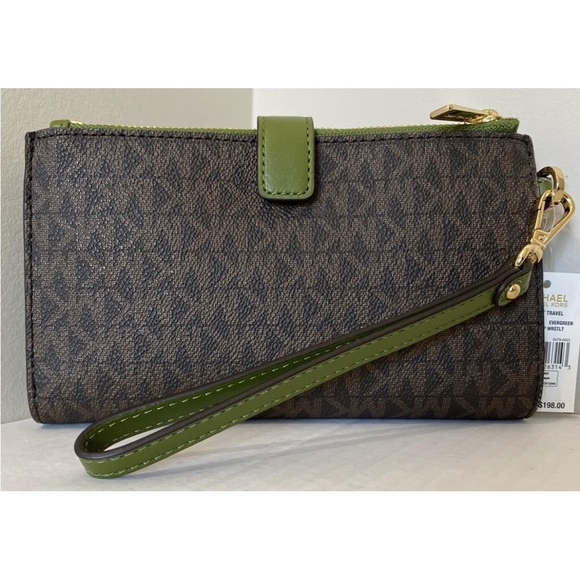 New Michael Kors Jet Set Travel Double zip wristlet wallet PVC Brown / Evergreen - Picture 2 of 6
